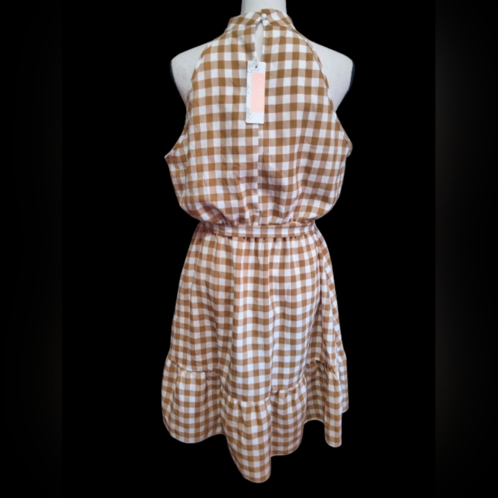 C+D+M Knee Length Checkered  Sleeveless Halter Top Brown White Sz M Dress - Picture 2 of 5